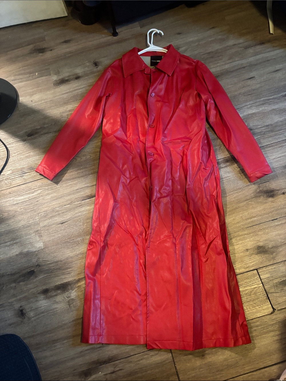 Long Red Faux Leather Button-Front Trench Coat